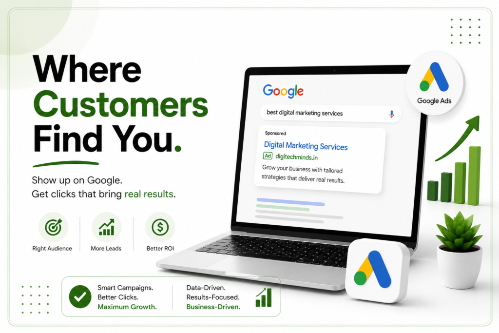 Google Ads services banner featuring Google Search advertising, website traffic growth, and DigitechMinds.in website preview.