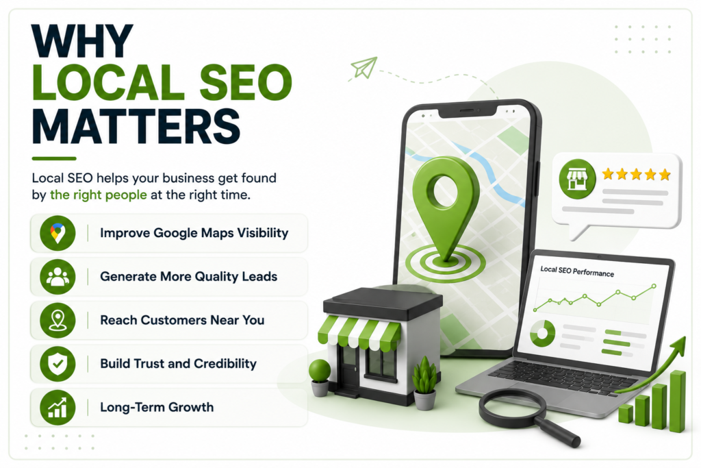 Why Local SEO Matters infographic showing key benefits like Google Maps visibility, quality leads, nearby customers, trust, and long-term business growth.