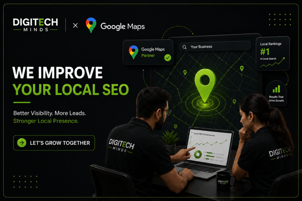 Digitech Minds team working on Local SEO and Google Maps optimization to improve Google Business Profile rankings, local search visibility, and business growth.