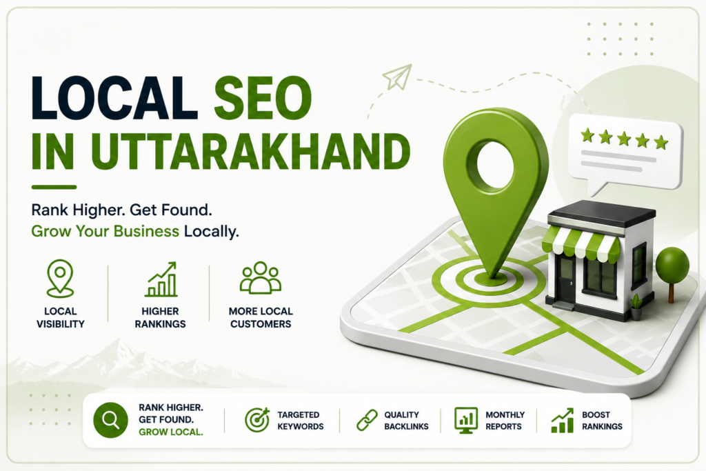 Local SEO in Uttarakhand hero banner showcasing location-based SEO services, Google Business Profile optimization, higher local rankings, targeted keywords, backlinks, and business growth by Digitech Minds.