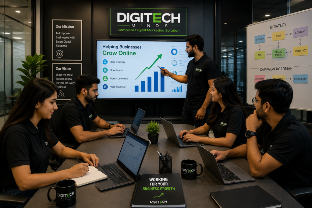 Digitech Minds team working on digital marketing strategies to help local businesses in Kotdwar grow online through SEO, Google Business Profile, and social media marketing