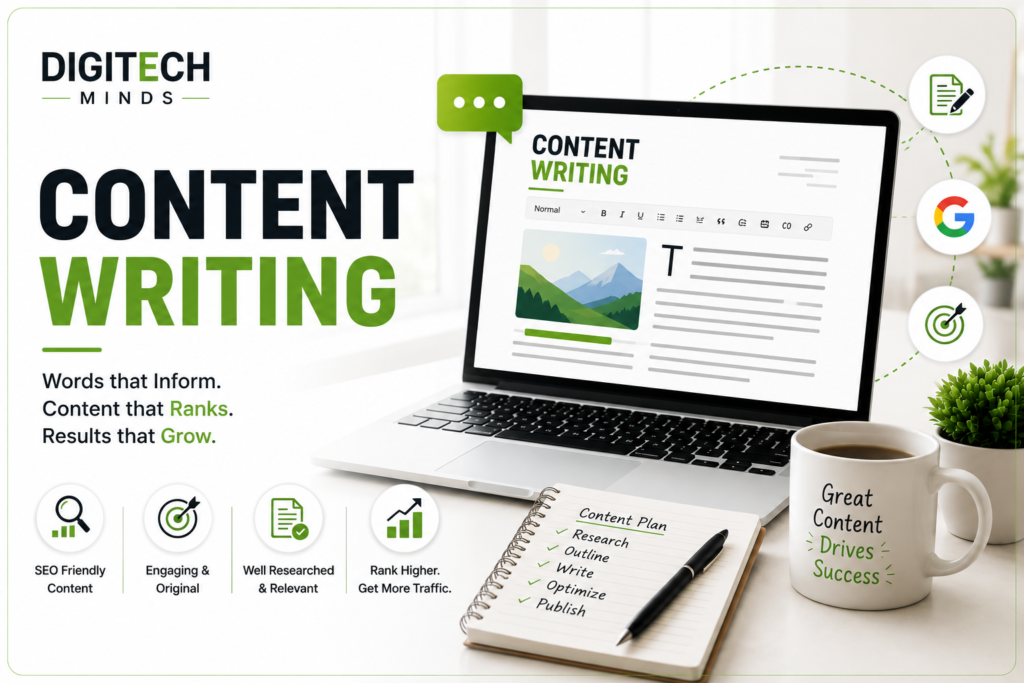 Professional content writing hero image featuring SEO blog writing, keyword optimization, copywriting, and a modern digital workspace in Digitech Minds green theme.