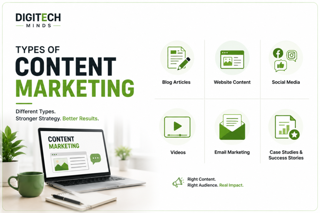 Types of content marketing infographic showing blog articles, website content, social media, videos, email marketing, and case studies for business growth.
