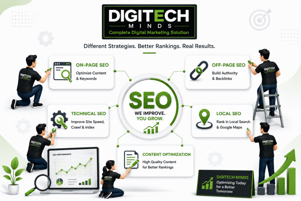 Illustration showing different types of SEO services including On-Page SEO, Off-Page SEO, Technical SEO, Local SEO, and Content Optimization to improve business growth.