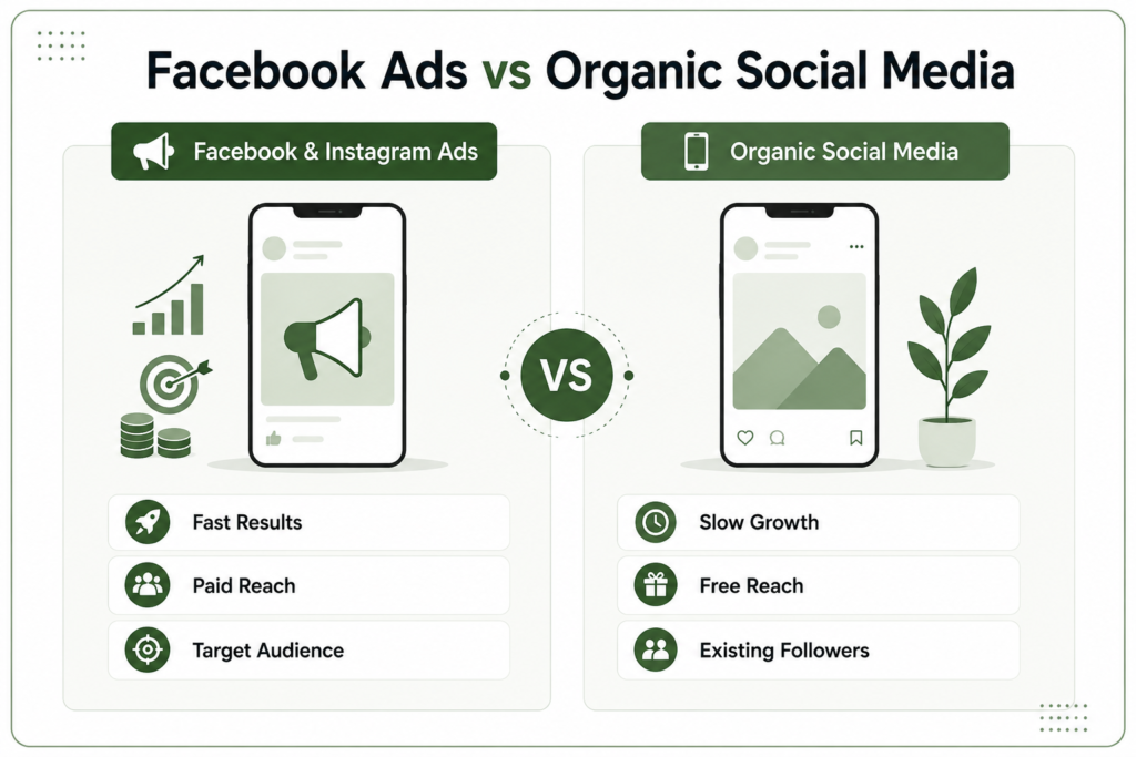 Facebook Ads vs Organic Social Media comparison infographic highlighting paid reach, organic reach, audience targeting, business growth, and Meta social media marketing strategies.