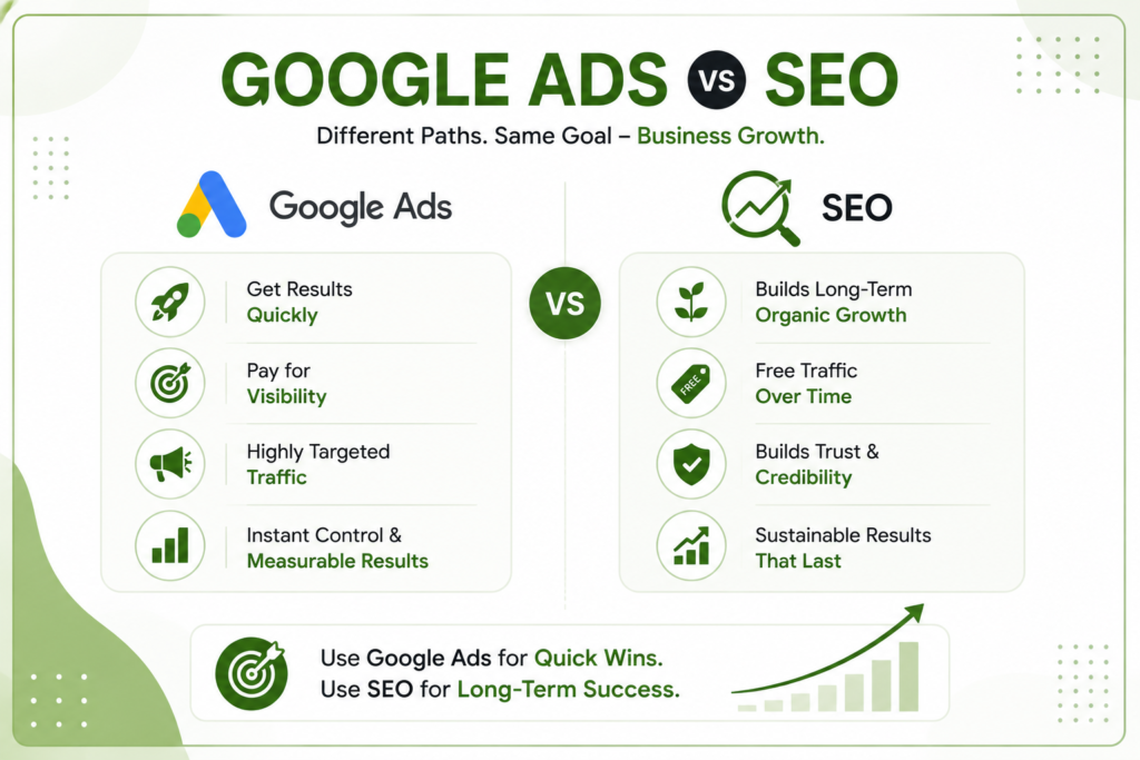 Google Ads and SEO partnership infographic for improving website traffic, search rankings, and online business growth.