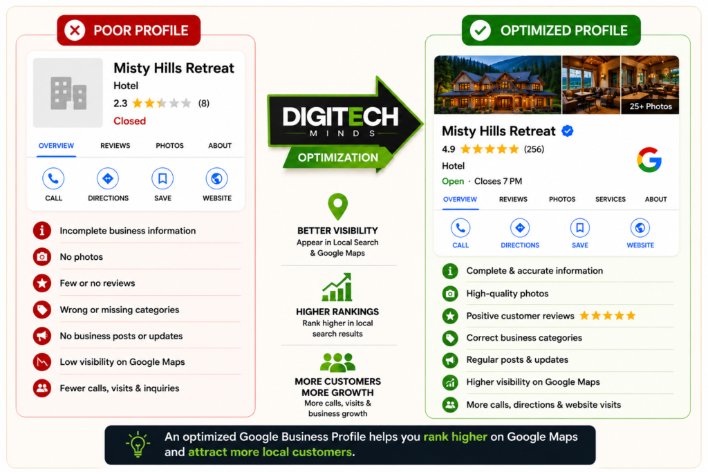 Comparison of a poor and optimized Google Business Profile showing how profile optimization improves Google Maps rankings, online visibility, customer trust, and local business growth.