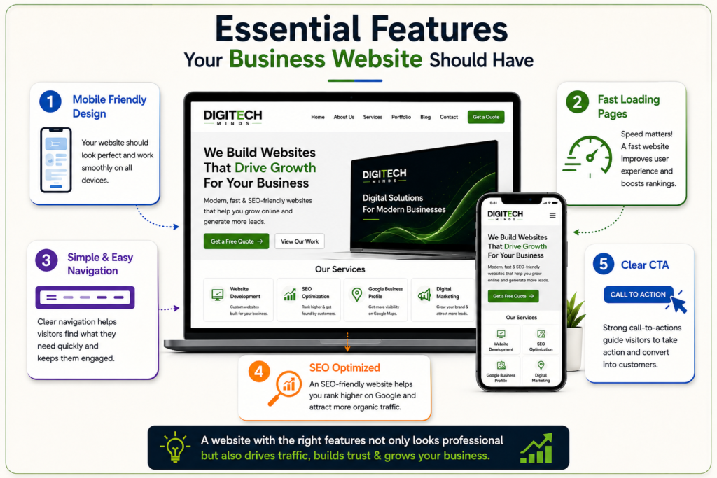 Essential website development features for businesses in Uttarakhand including responsive design, SEO, fast loading speed, easy navigation, and clear CTA
