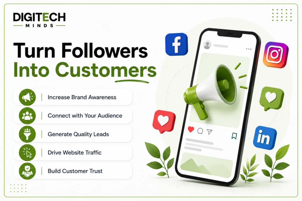Benefits of Social Media Marketing for businesses – increase brand awareness, connect with your audience, generate quality leads, drive website traffic, and build customer trust.