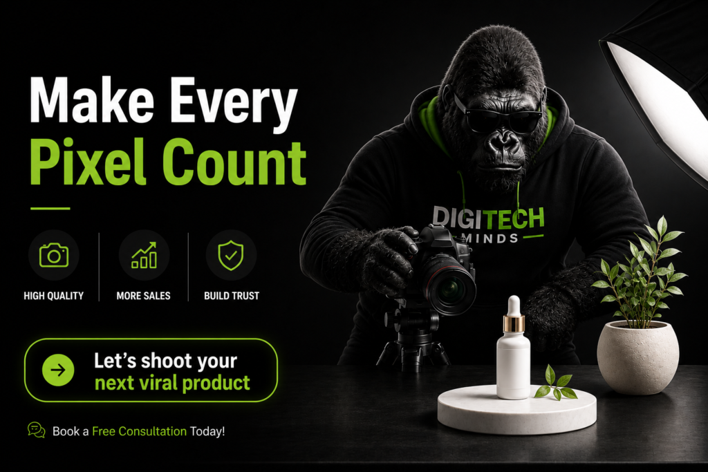 Professional product photography services with a gorilla photographer showcasing high-quality product images, increased sales, and brand trust