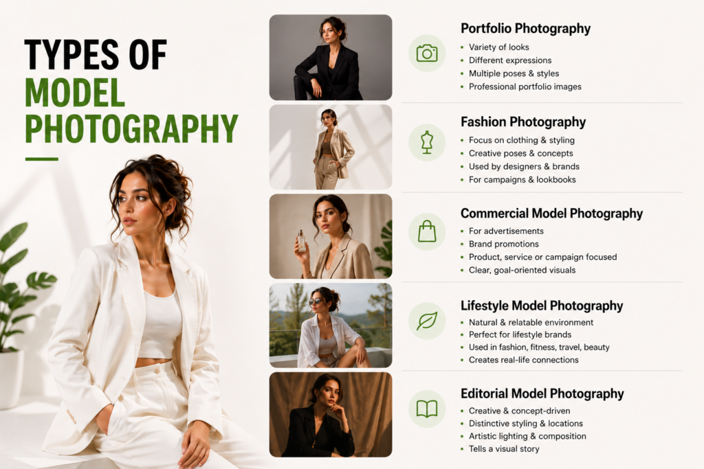 Types of model photography including portfolio, fashion, commercial, lifestyle, and editorial model photography.