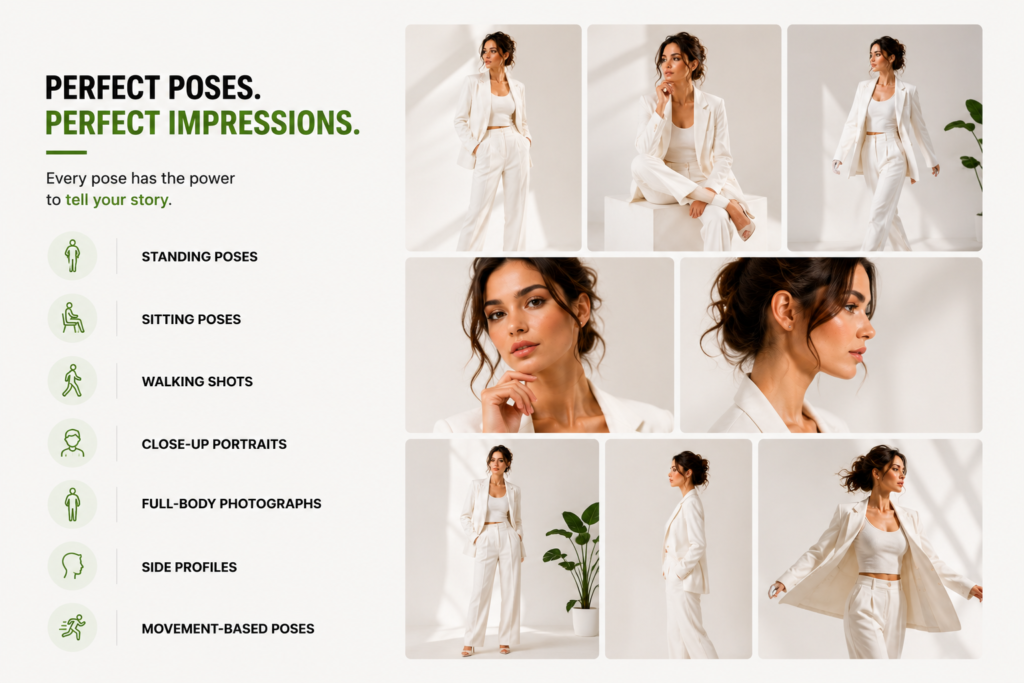 Professional model photography in Kotdwar showcasing standing, sitting, walking, close-up, full-body, side-profile, and movement-based poses