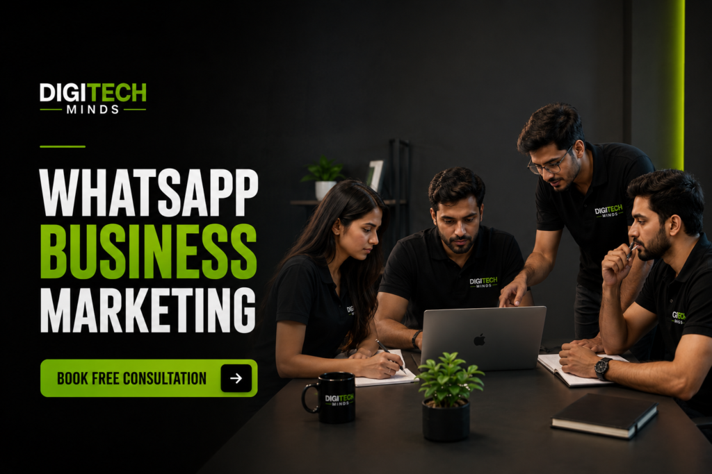WhatsApp Business Marketing services by Digitech Minds with a professional digital marketing team planning WhatsApp campaigns for business growth