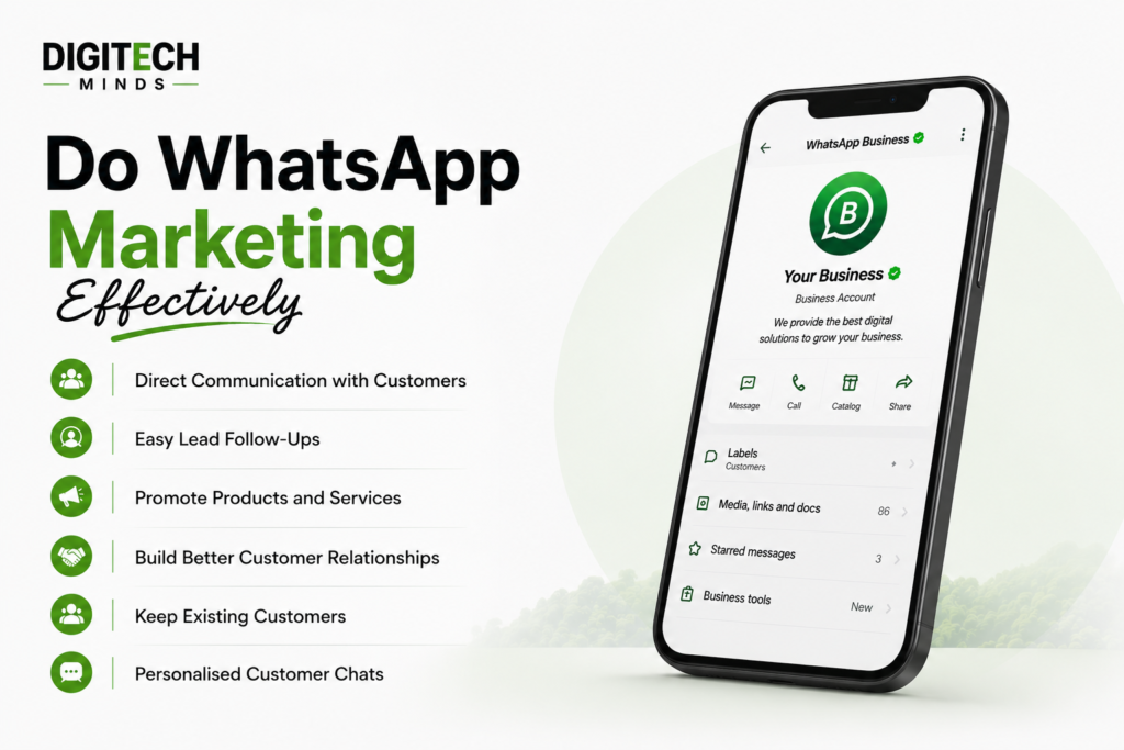WhatsApp Marketing effectively with Digitech Minds for customer engagement, lead follow-ups, product promotion, and business growth