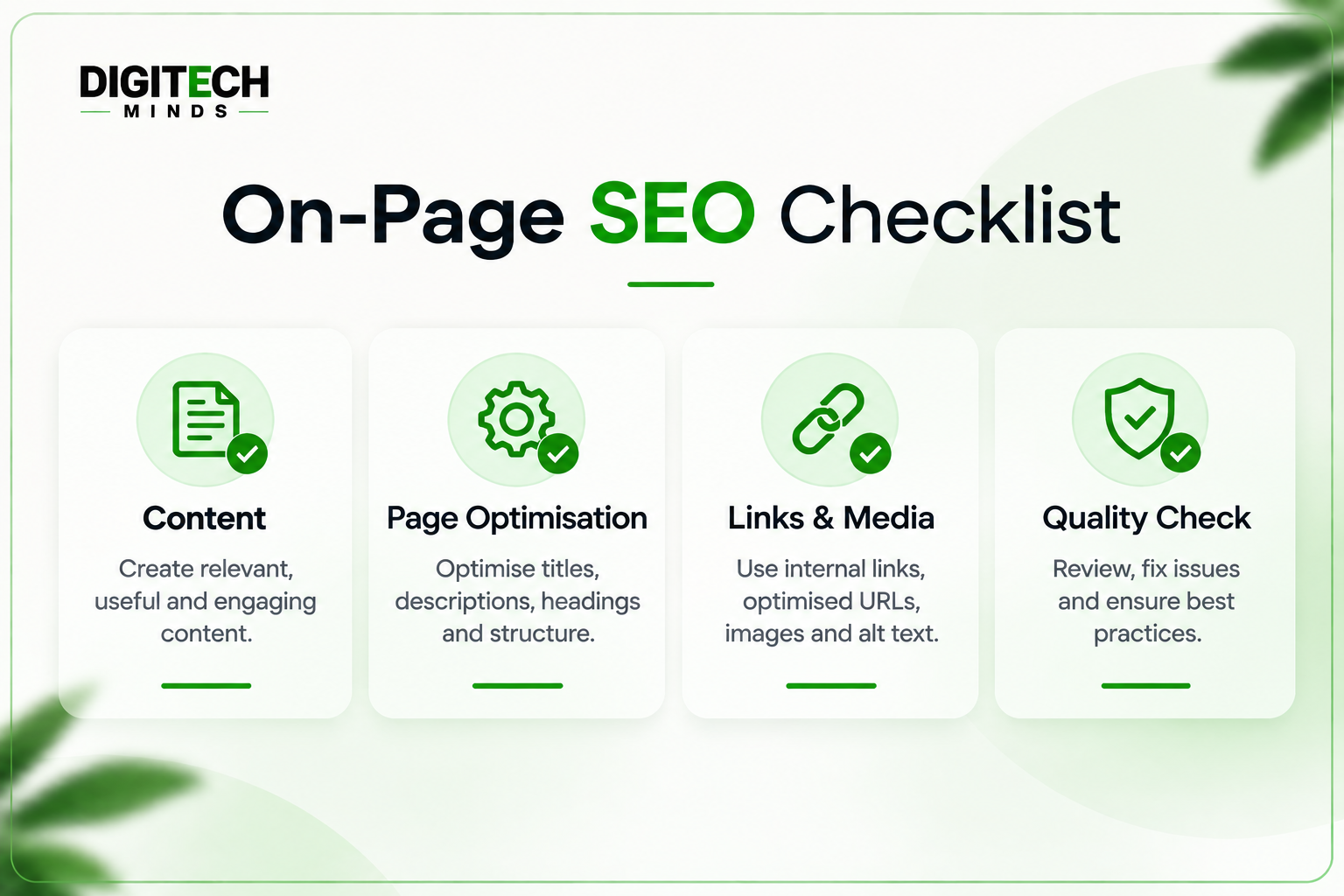 On-Page SEO Checklist infographic highlighting key SEO factors including content optimization, page structure, links and media, and quality checks