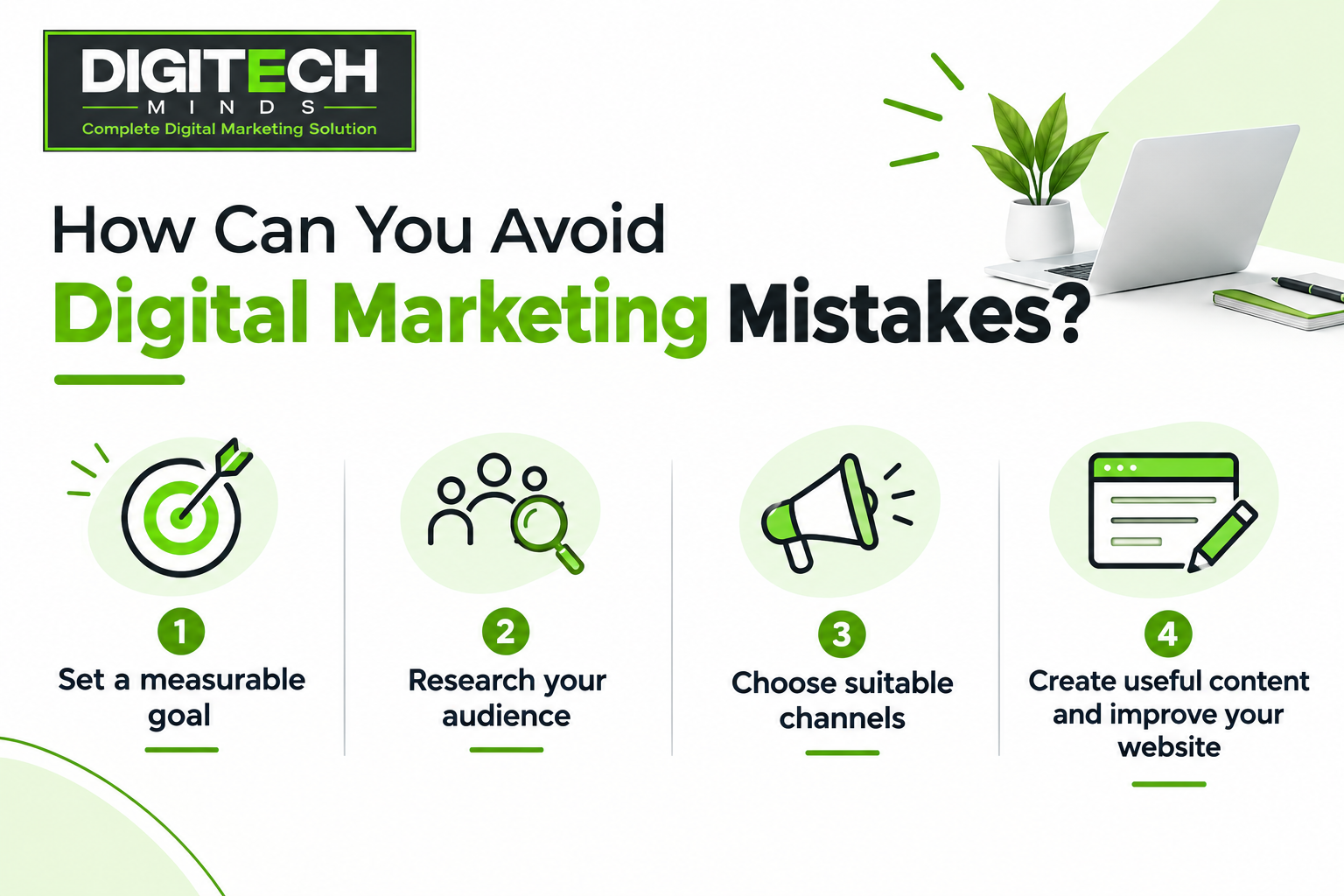 Digital marketing mistakes to avoid infographic by Digitech Minds showing four tips: set measurable goals, research your audience, choose suitable marketing channels, and create useful content to improve your website.