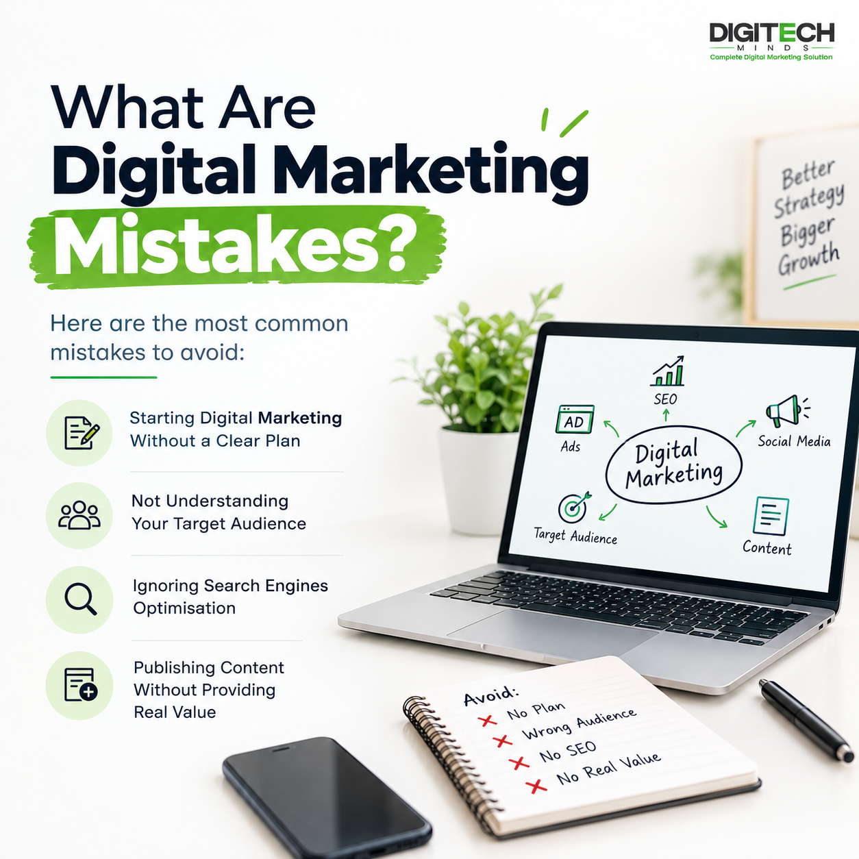 Alt Text: `Common digital marketing mistakes, including lack of a clear plan, misunderstanding the target audience, ignoring SEO, and publishing content without real value.`