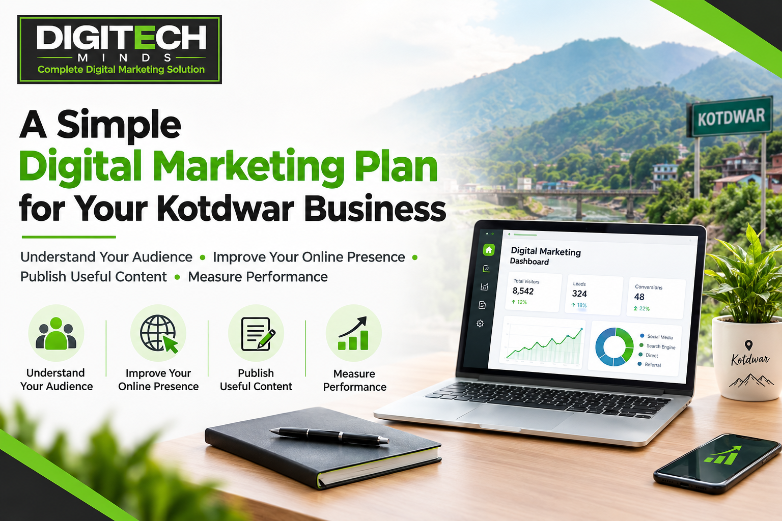 SEO vs Social Media Marketing: A simple digital marketing plan for businesses in Kotdwar by Digitech Minds.