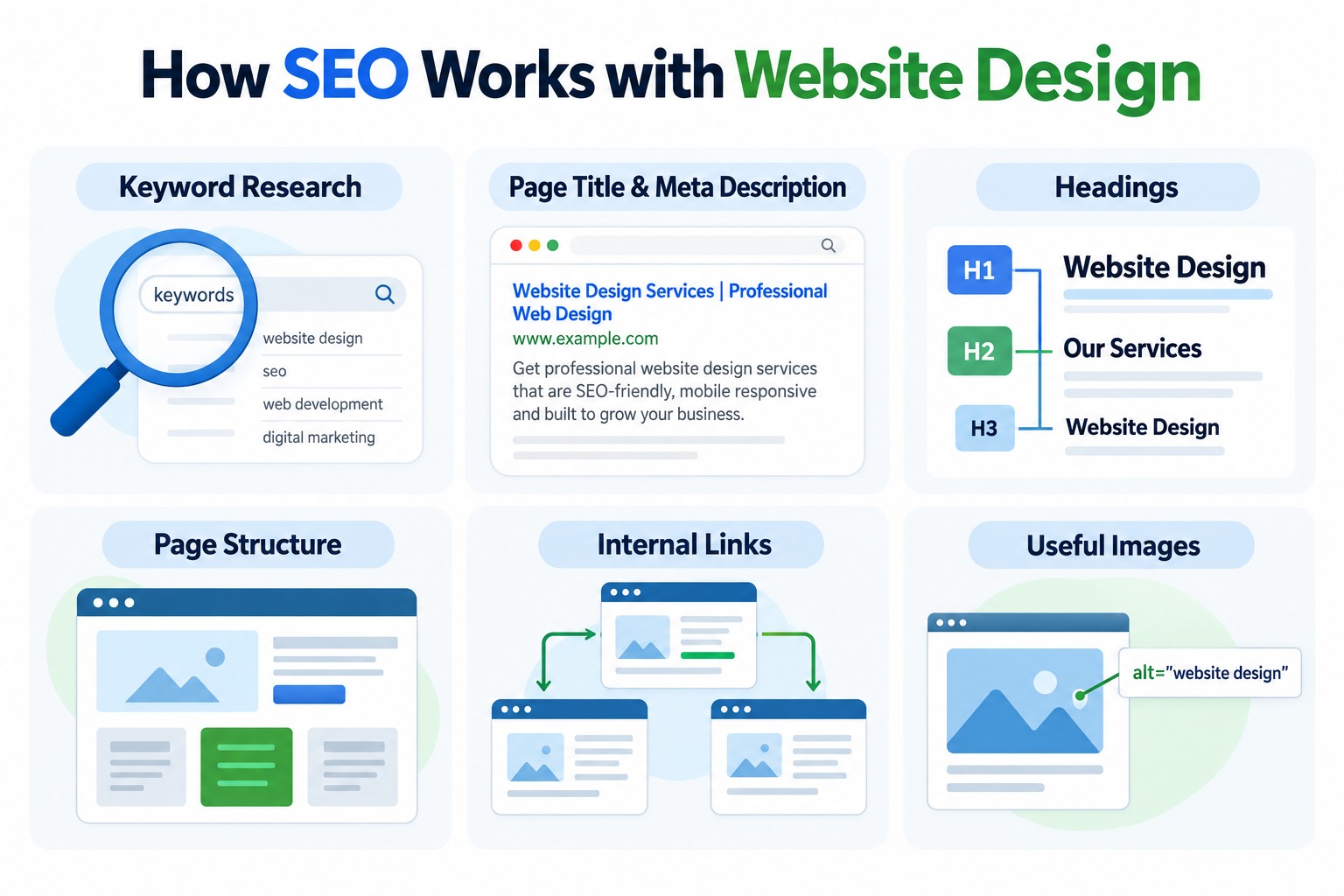 How SEO works with website design, including keyword research, meta descriptions, headings, page structure, internal links, and image alt text