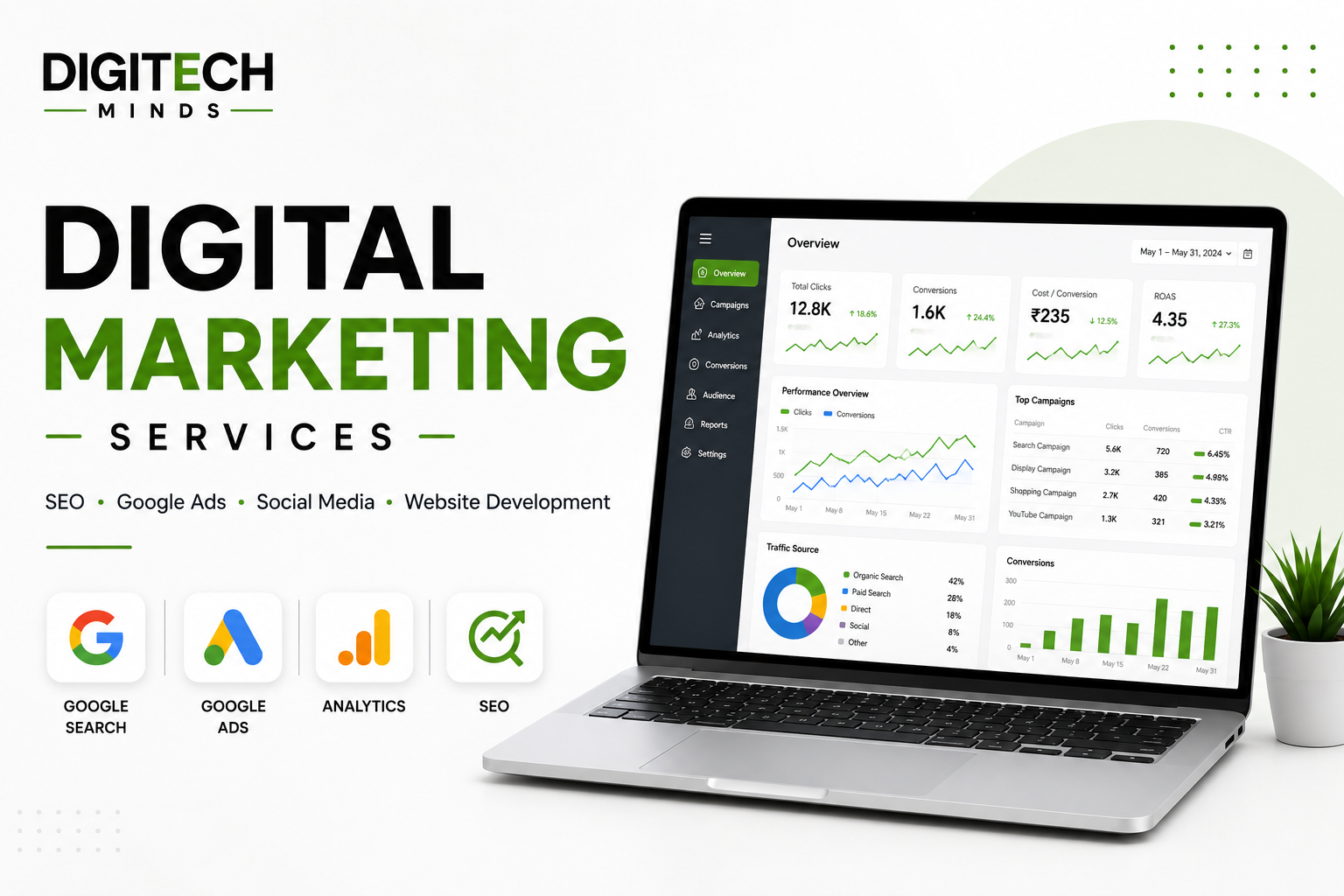 Professional digital marketing services by Digitech Minds featuring SEO, Google Ads, website development, social media marketing, and performance analytics.