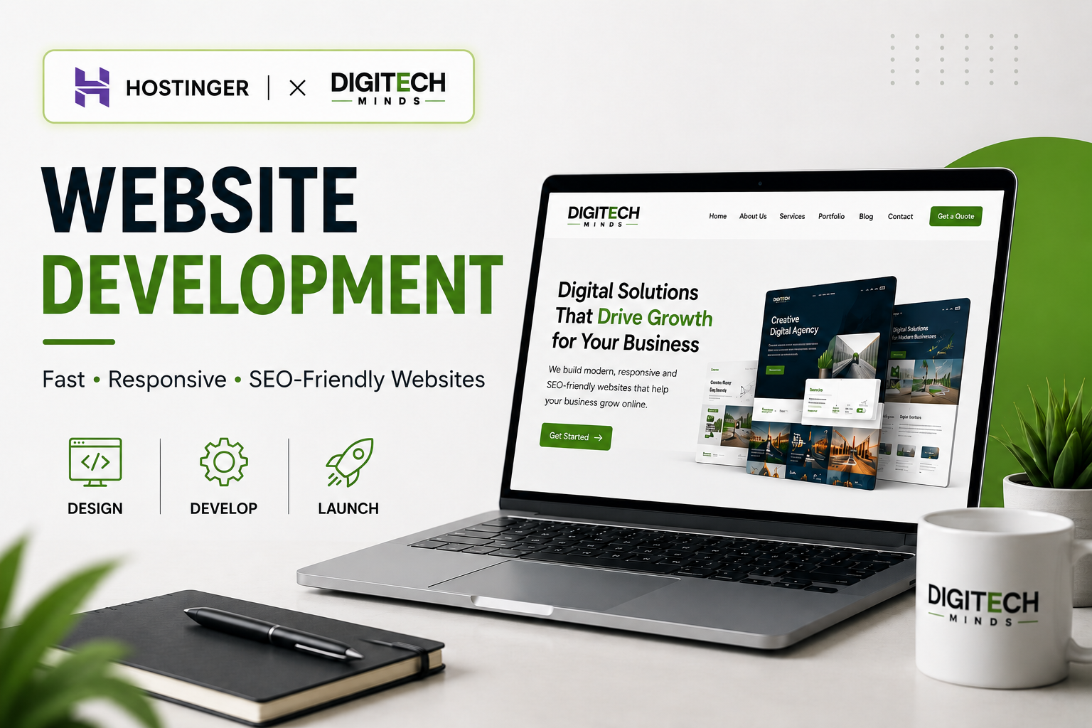 Custom website development services by Digitech Minds for businesses with responsive design, fast loading speed, and SEO optimization.