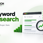 Keyword Research infographic showing SEO keyword analysis, search volume, keyword difficulty, search intent, CPC, and competitor keywords